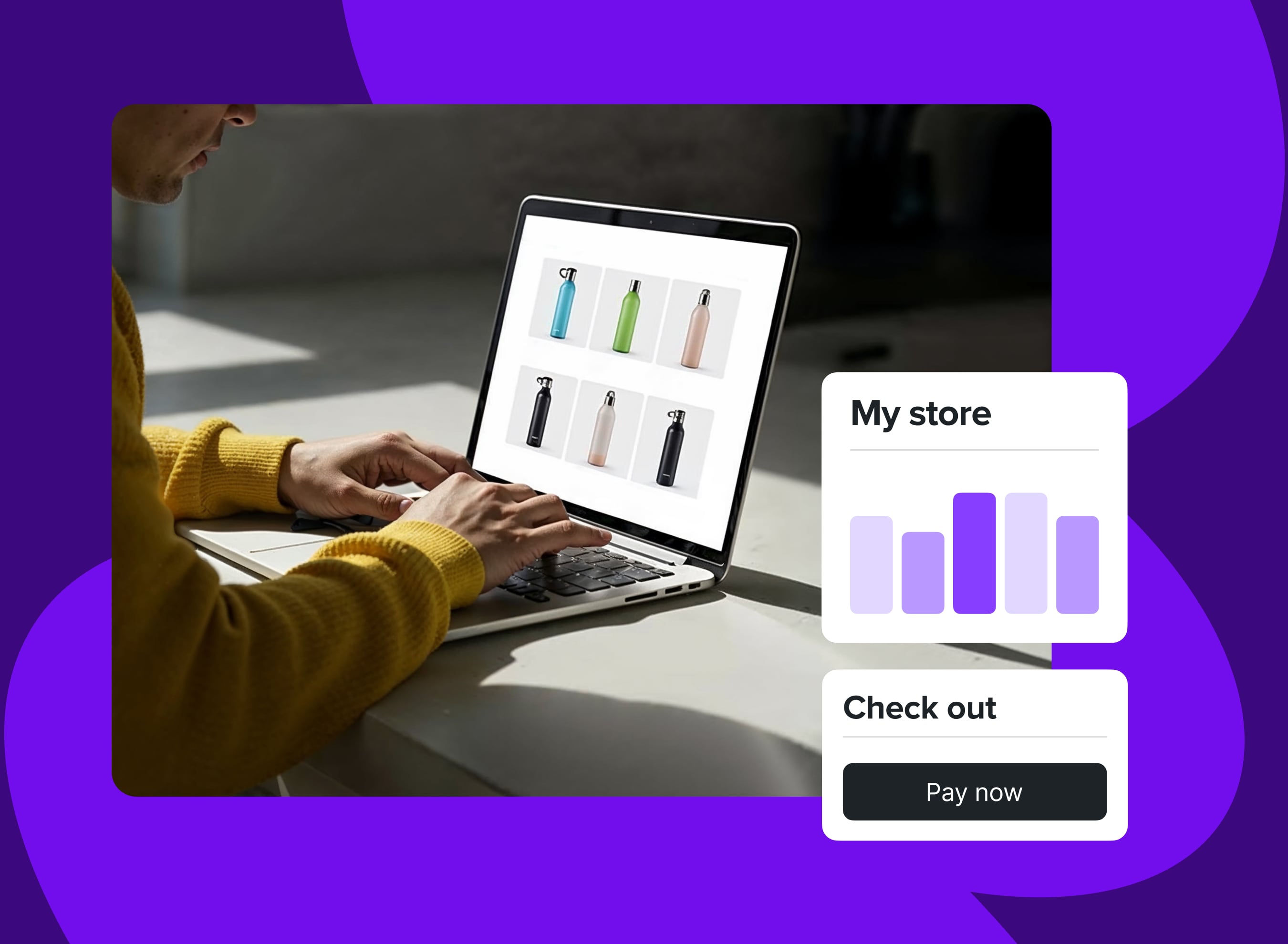 A person typing on a laptop displaying an online store with product images of water bottles, overlaid with UI cards showing store analytics and a checkout button against a purple graphic background.