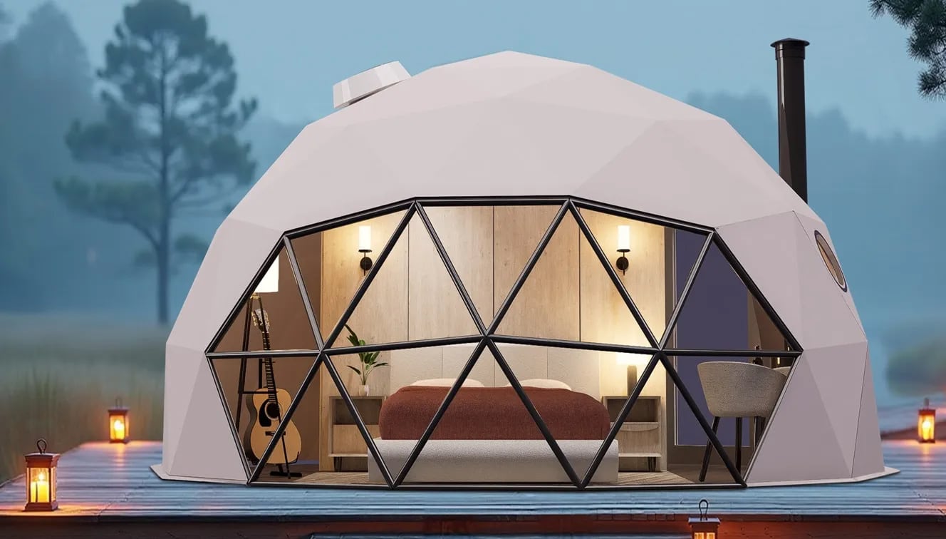 A geodesic dome tent with a glass front panel revealing a cozy bedroom interior, surrounded by lanterns at dusk