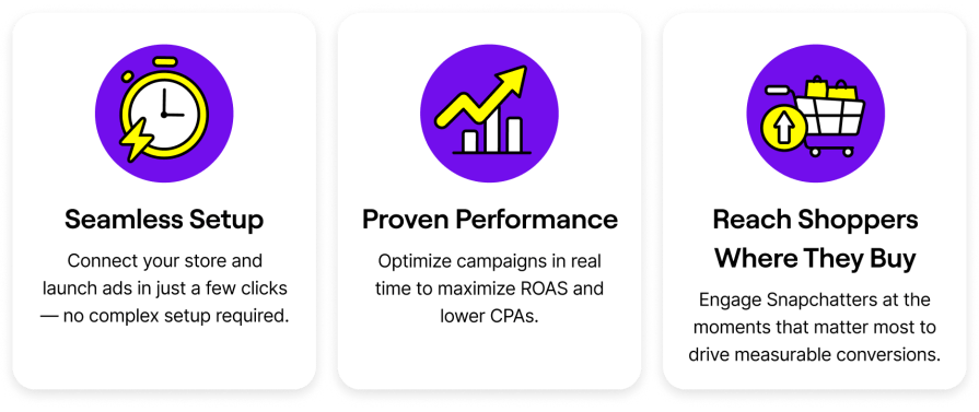 Image describing Snapchat's Seamless Setup, Proven Performance, and Engaging Shoppers.