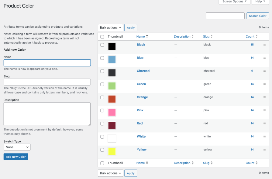 Configuration of attributes overview
