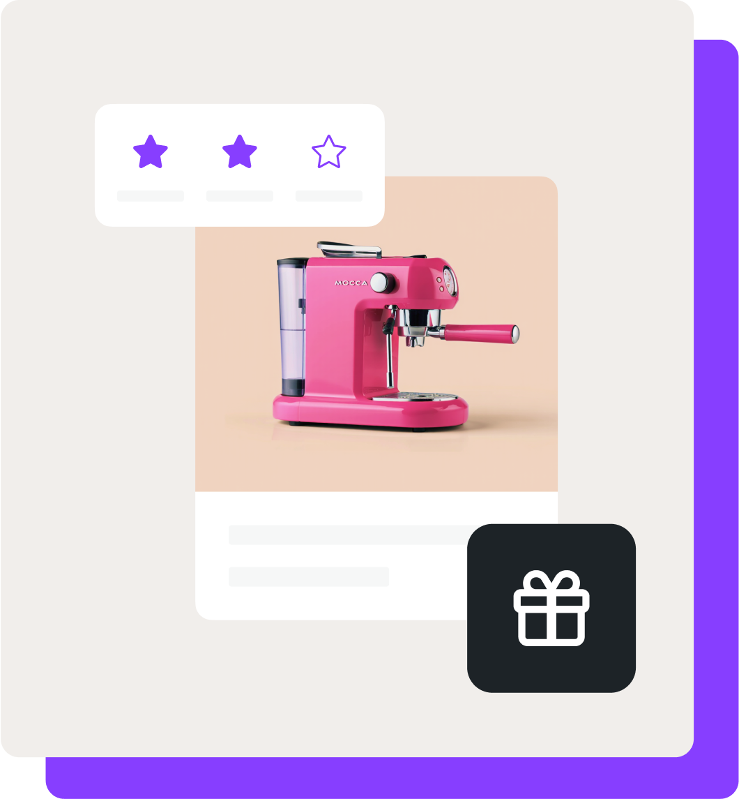 A product photo of a pink espresso machine with two our of three loyalty stars and an icon of a present