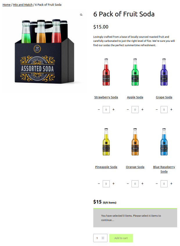 A picture of a 6 pack of soda. There is also a grid of 6 different sodas next to it, each with a name and a quantity input.