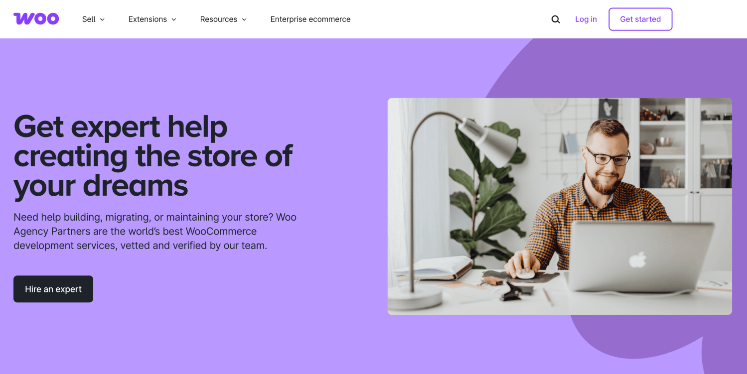 Woocommerce expert CTA with image of a male freelancer as well as a title, paragraph, and CTA button.